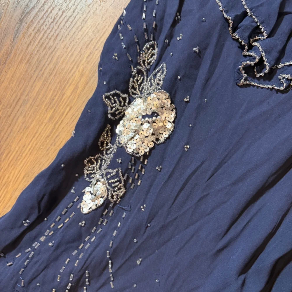 Vintage Y2K 100% Silk Beaded Dress Blue Floral Beaded Fairy Ruffle Prom Dress - Picture 5 of 16